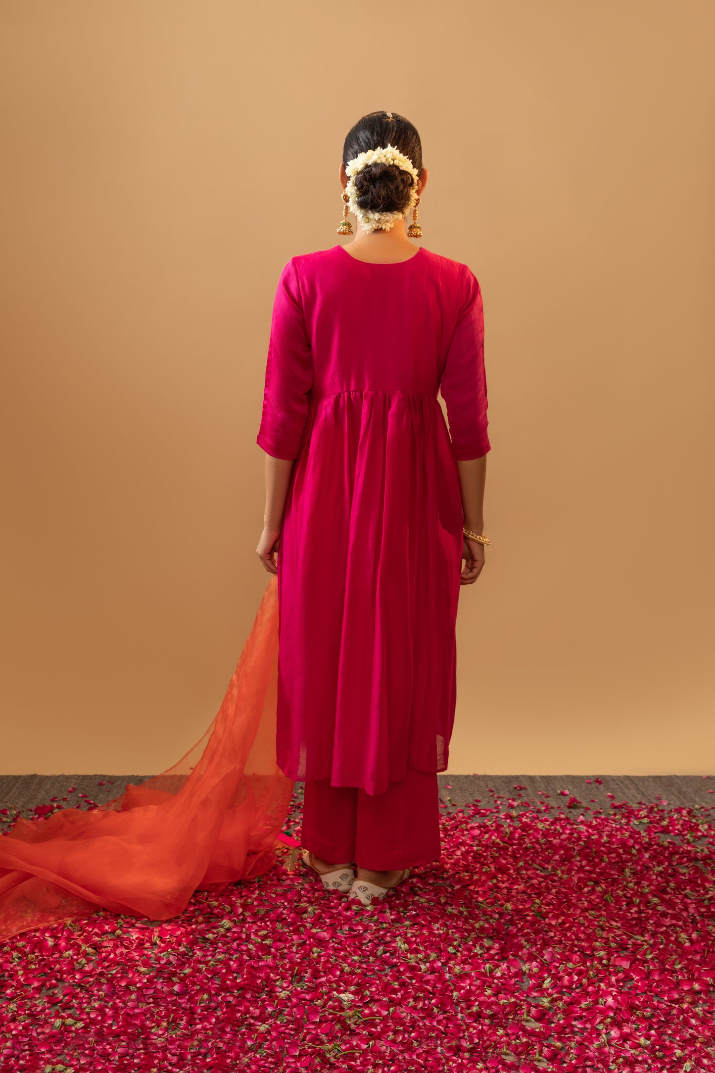 Peacock Style Hand-Embroidered Rani Pink Suit Set with Orange Dupatta for weddings