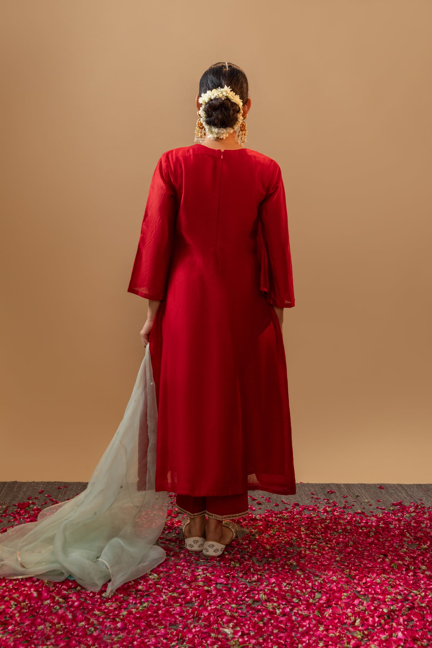 Red Hand-Embroidered Silk Kurta Set in Banarasi Silk chanderi with an organza dupatta with handmade tassels. Perfect for weddings and occasions.