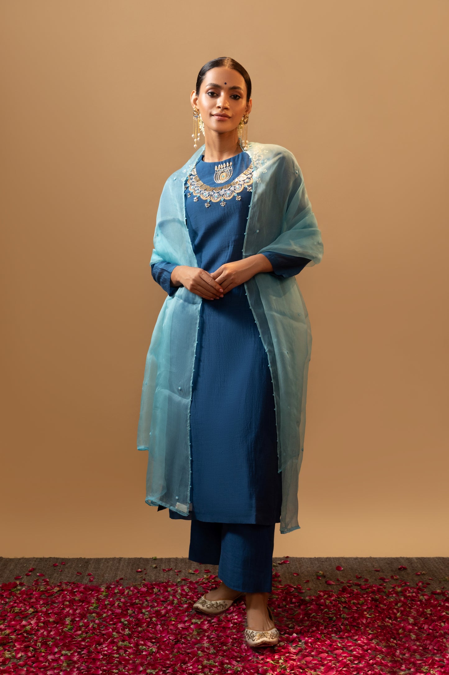 Tej Living Blue Hand Embroidered Kurta Sets with Neck detailing with dupatta