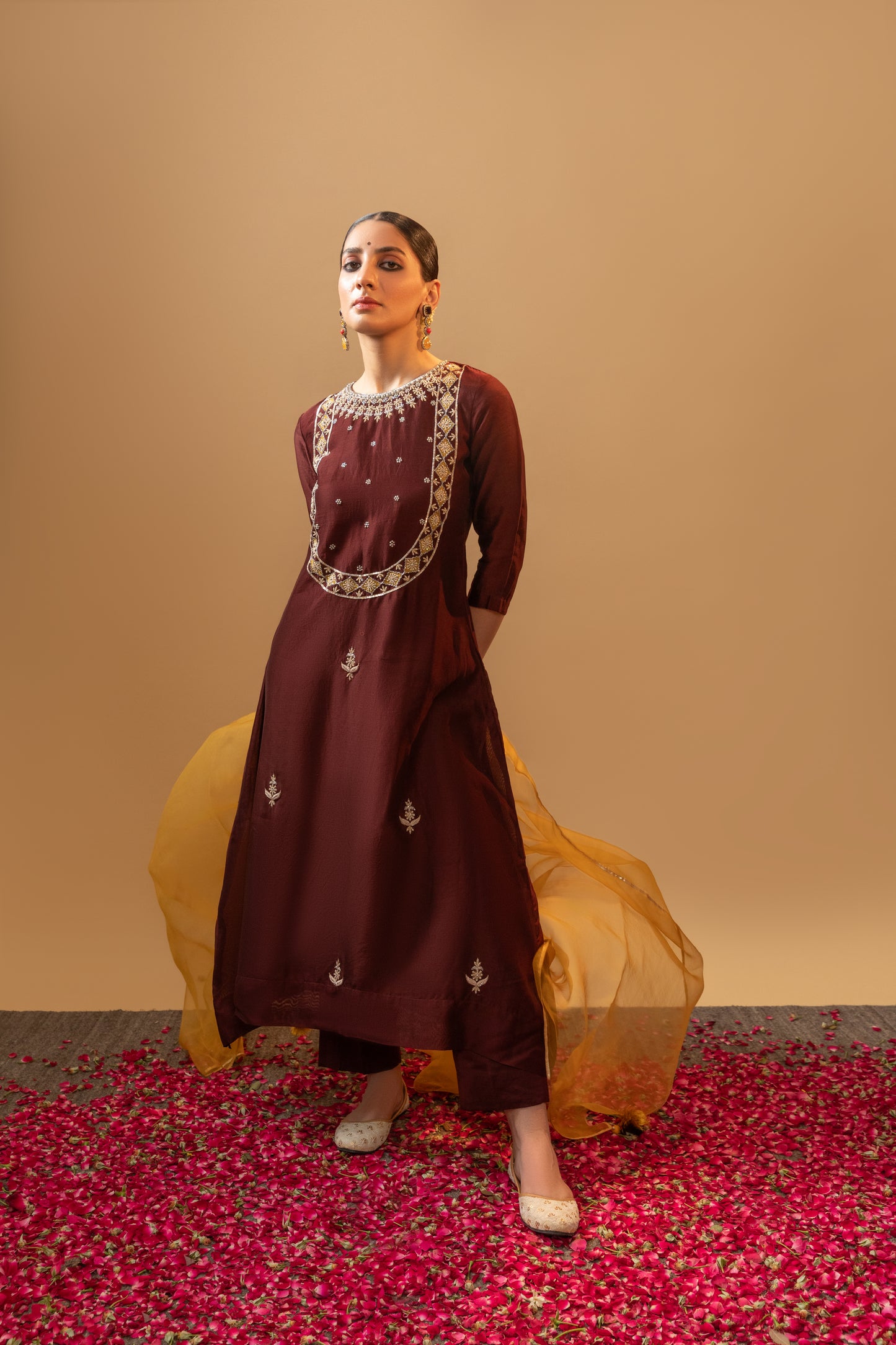 Brown Hand-embroidered Chanderi Suit Set by Tej Living