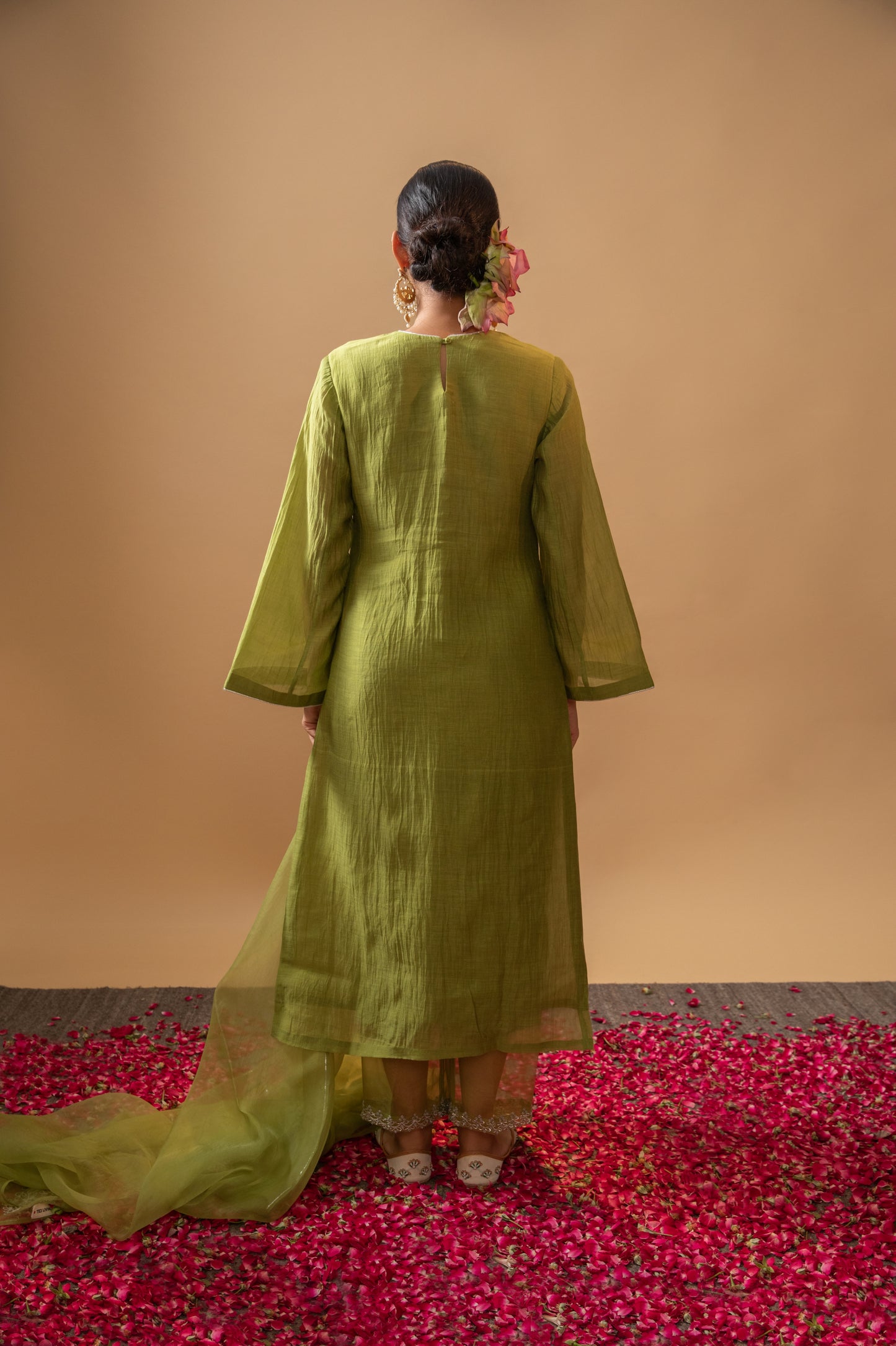 Tej Living Chestnut Green Hand-Embroidered lotus like detailing Suit Set with dupatta