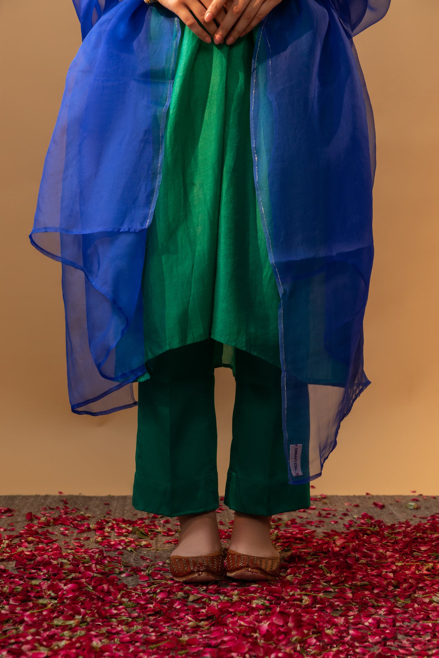Peacock Style Hand-Embroidered Green Suit Set with Royal Blue Dupatta