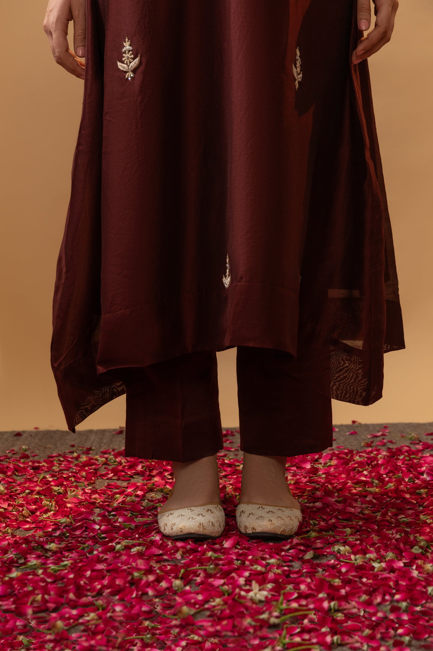Brown Hand-embroidered Chanderi Suit Set by Tej Living