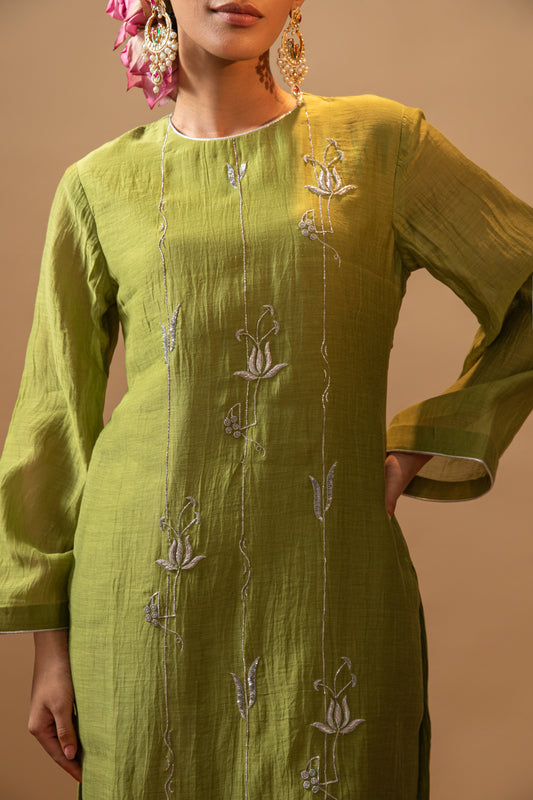 Tej Living Chestnut Green Hand-Embroidered lotus like detailing Suit Set with dupatta