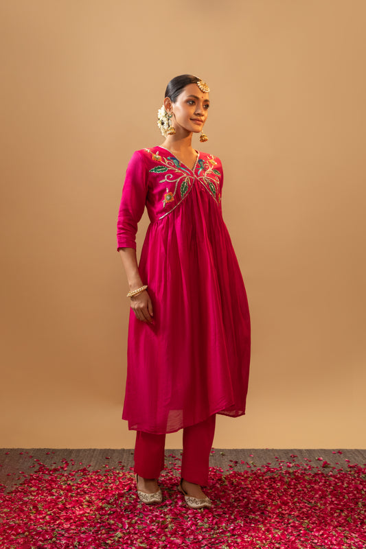Peacock Style Hand-Embroidered Rani Pink Suit Set with Orange Dupatta for weddings