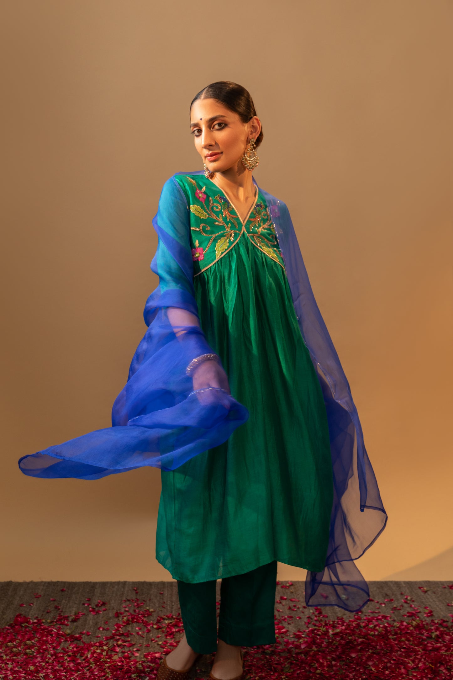 Peacock Style Hand-Embroidered Green Suit Set with Royal Blue Dupatta
