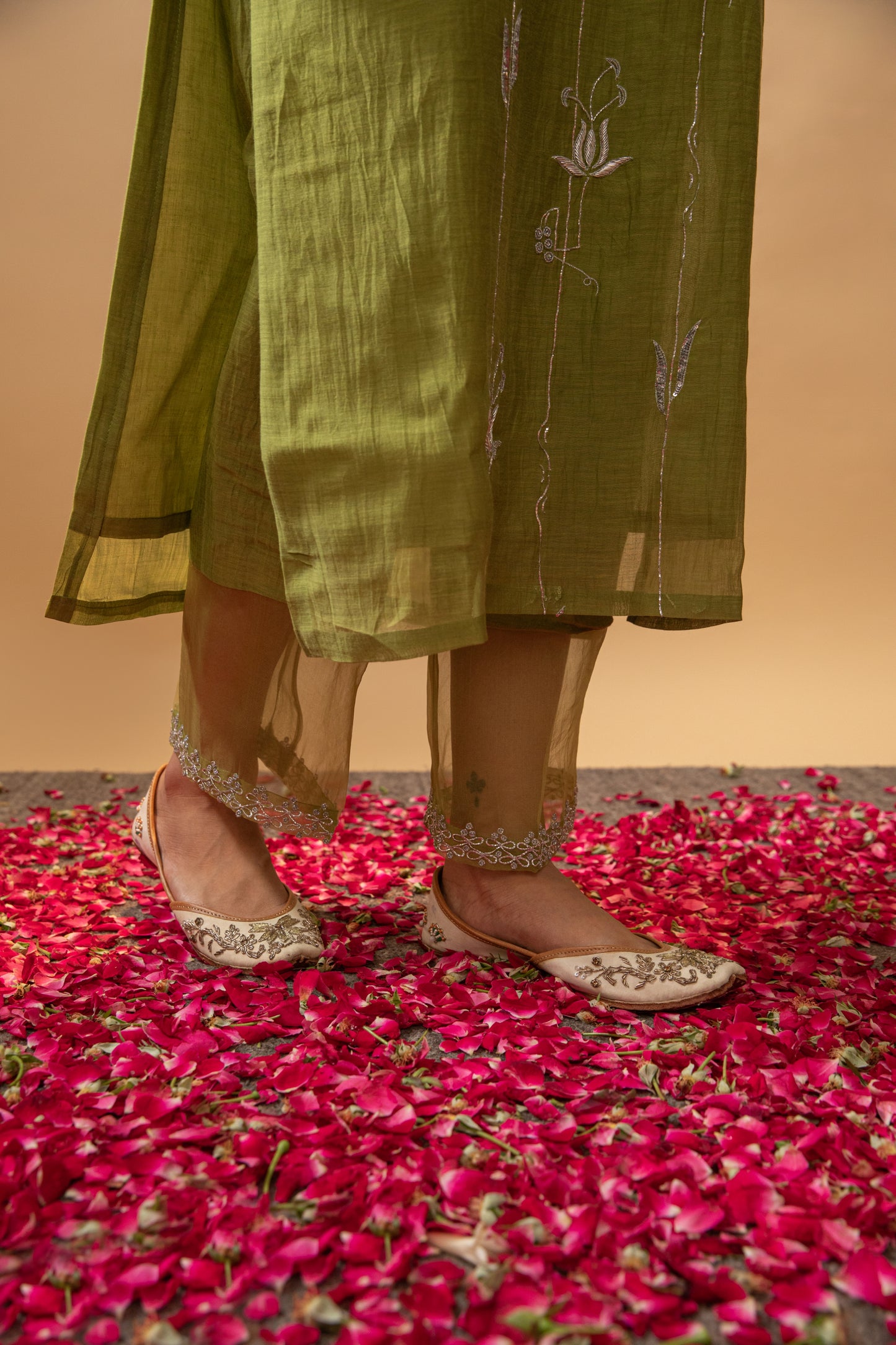 Tej Living Chestnut Green Hand-Embroidered lotus like detailing Suit Set with dupatta