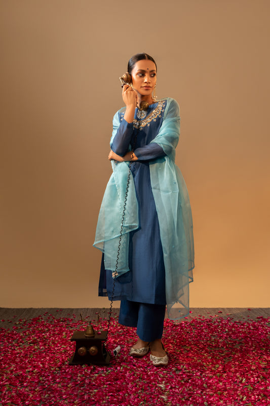 Tej Living Blue Hand Embroidered Kurta Sets with Neck detailing with dupatta