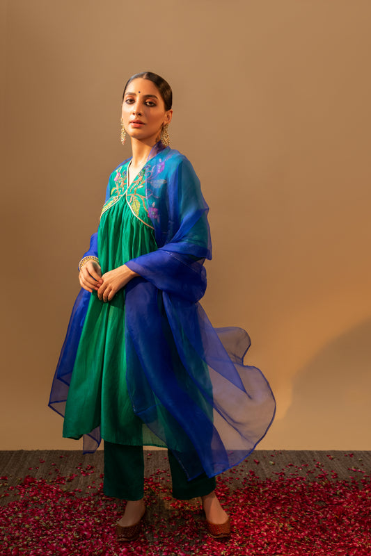 Peacock Style Hand-Embroidered Green Suit Set with Royal Blue Dupatta