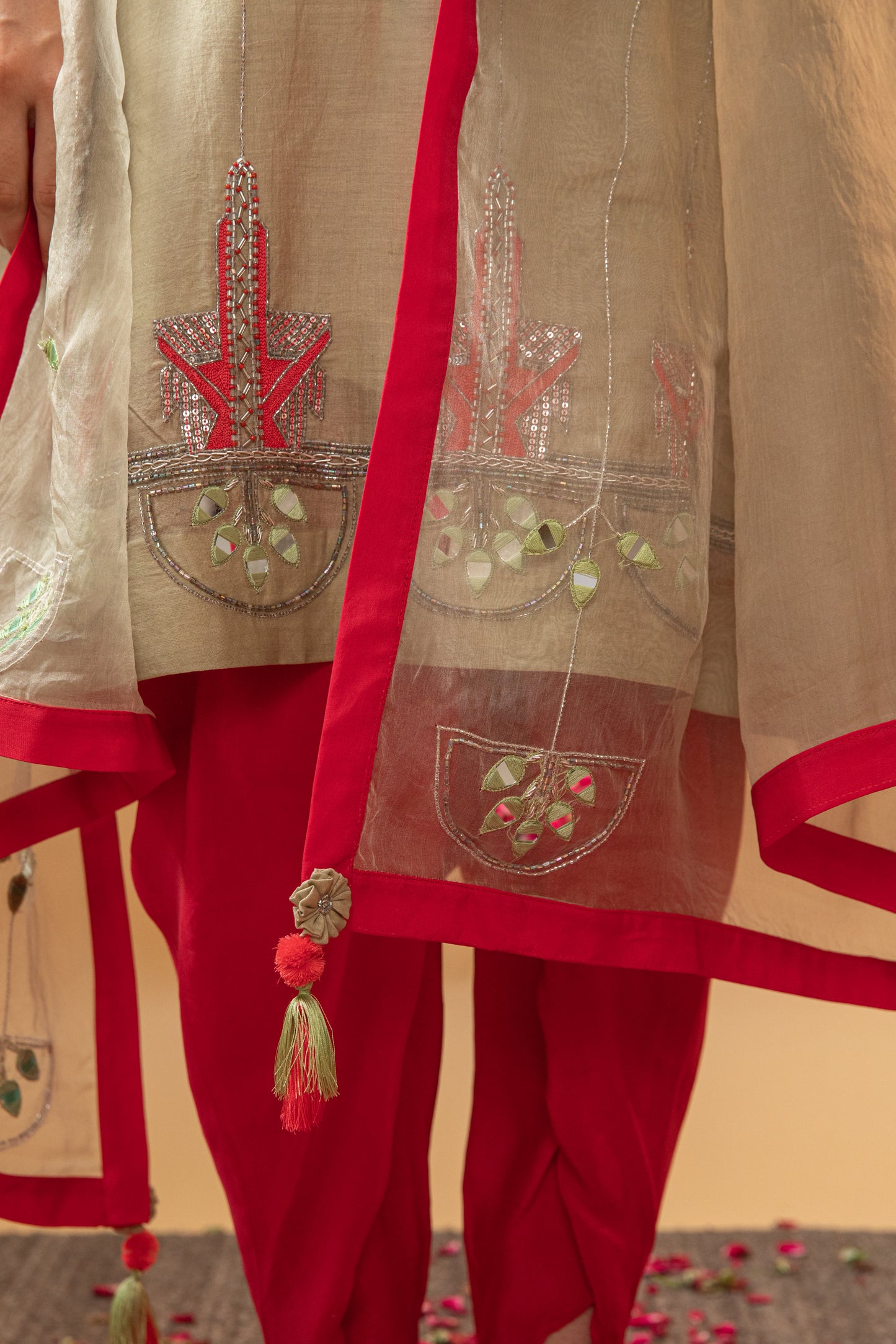 Olive & Light Red Hand Embroidered Silk Chanderi Kurta Set