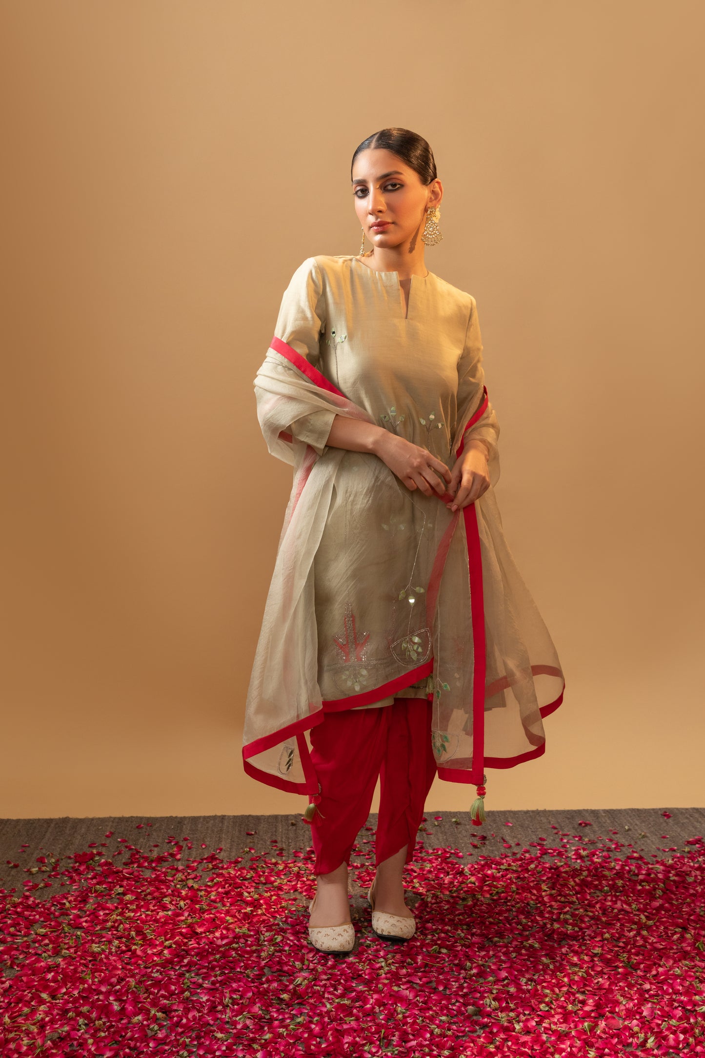 Olive & Light Red Hand Embroidered Silk Chanderi Kurta Set