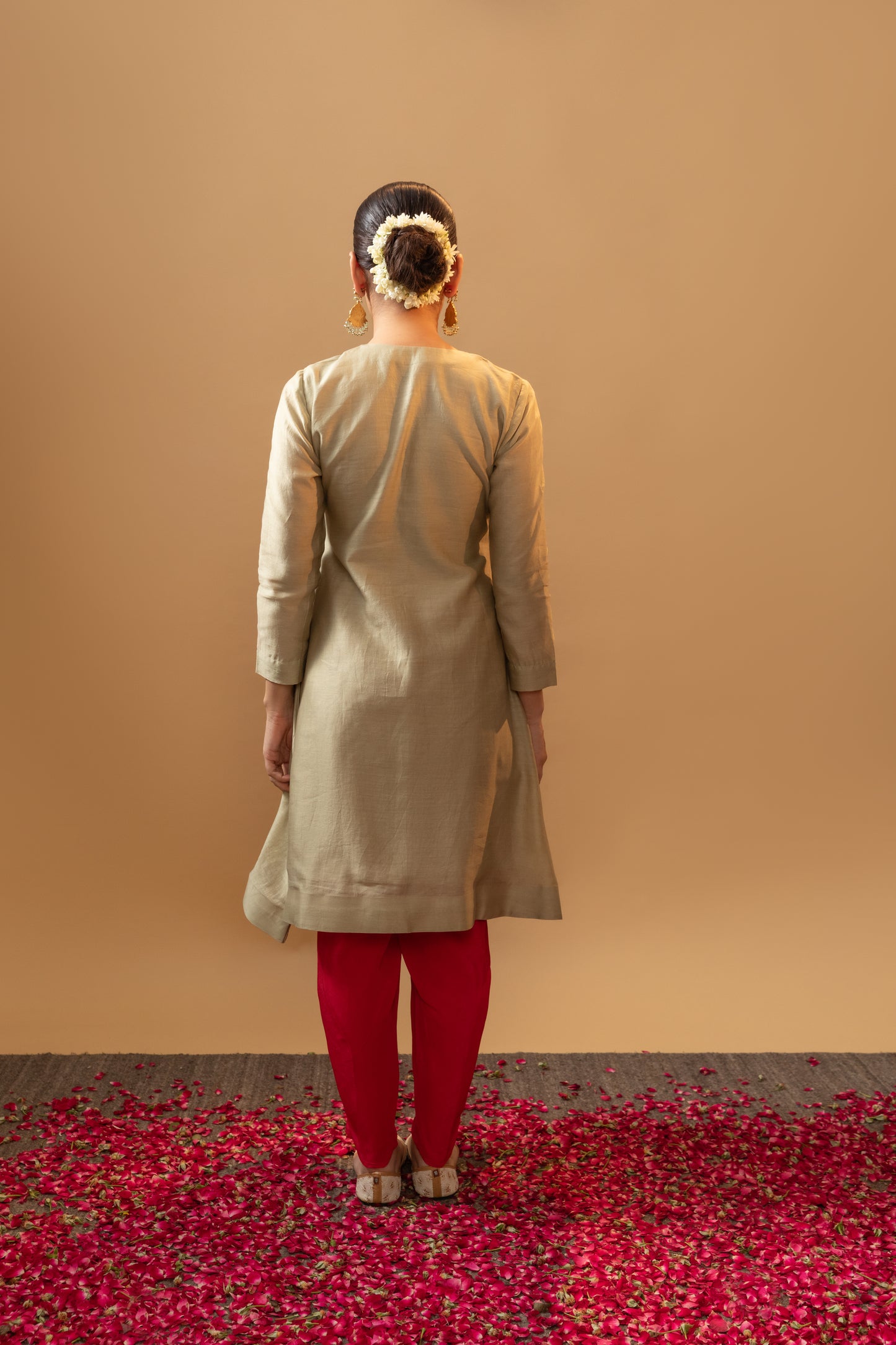 Olive & Light Red Hand Embroidered Silk Chanderi Kurta Set
