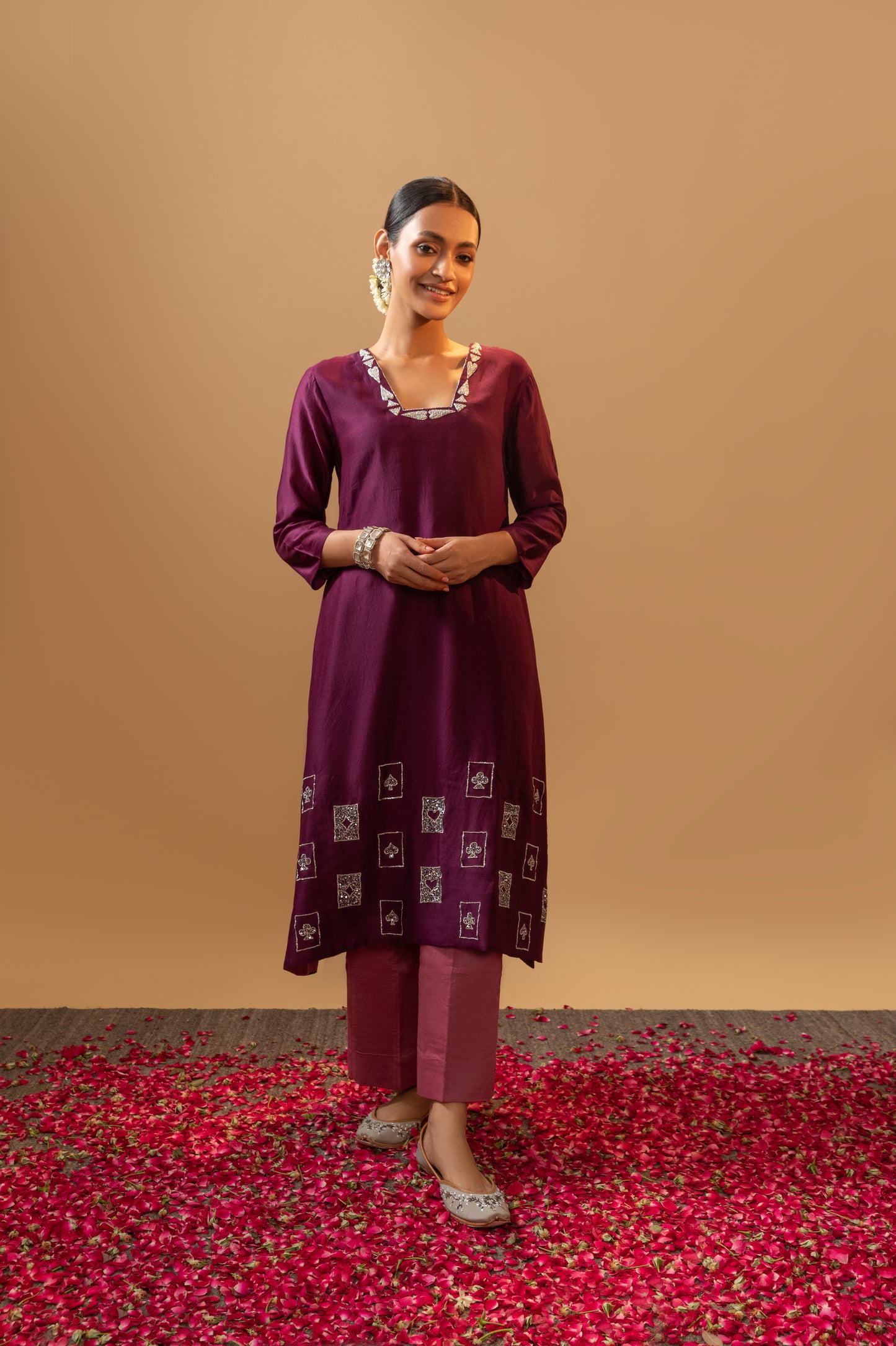 Royal Plum & Rose Embroidered Kaftan Kurta Set
