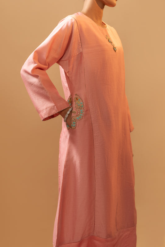 Rani Patta Hand-Embroidered Kurta Set - Peach