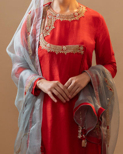 Raw Silk Hand-Embroidered Red Angrakha Suit Set