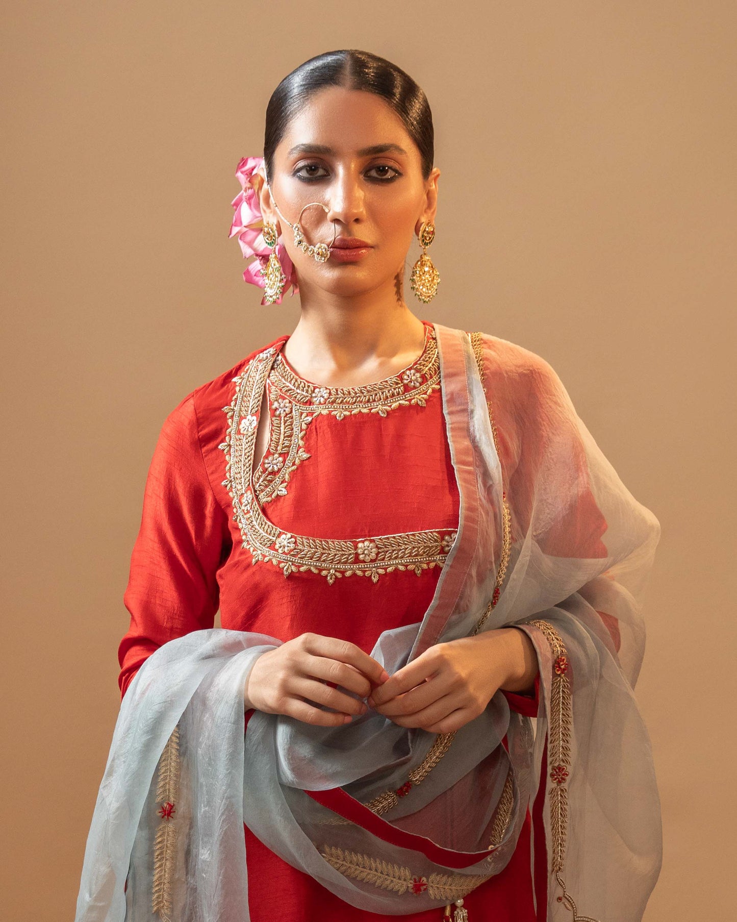 Raw Silk Hand-Embroidered Red Angrakha Suit Set