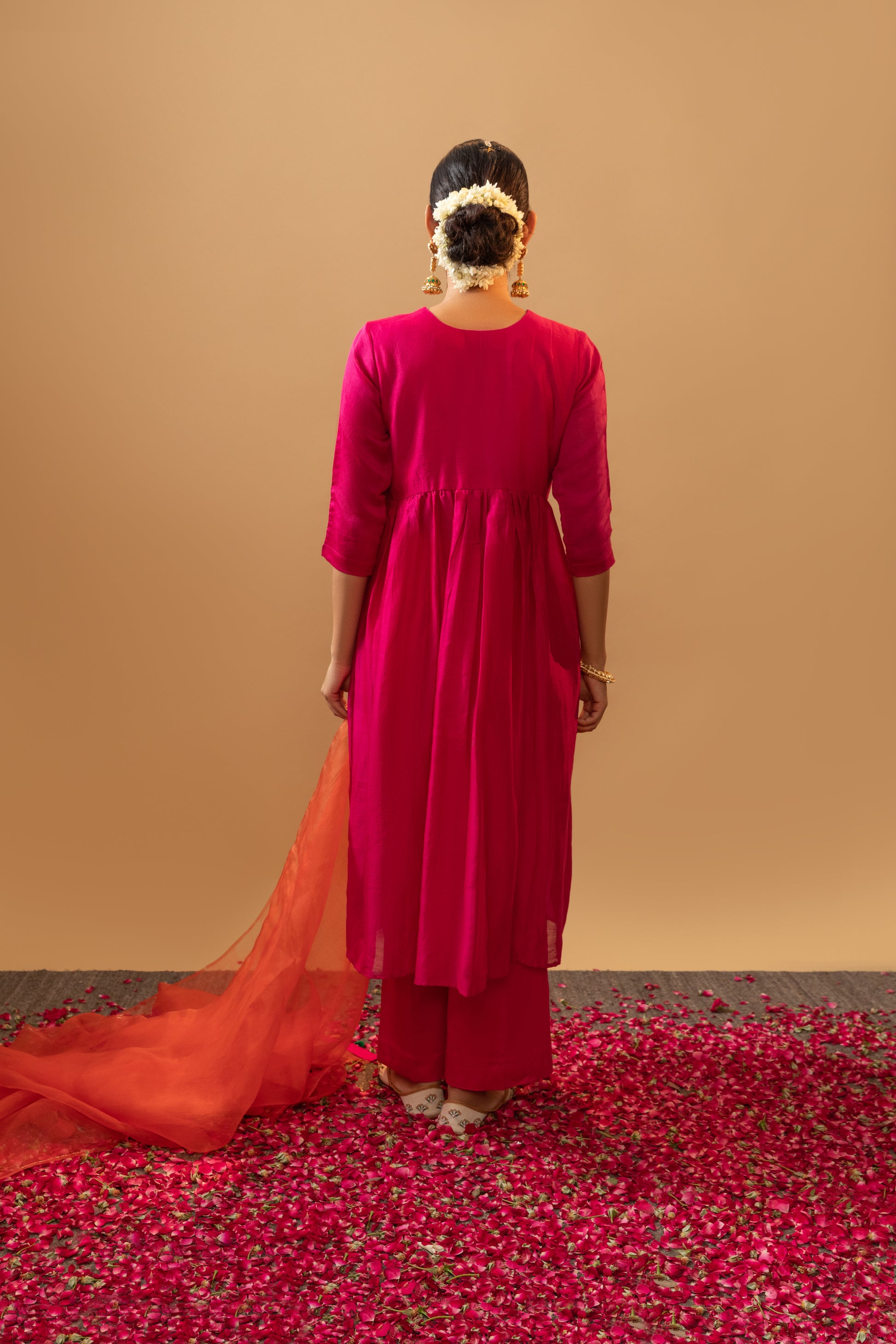 Peacock Style Hand-Embroidered  Rani Pink Suit Set with Orange Dupatta for weddings