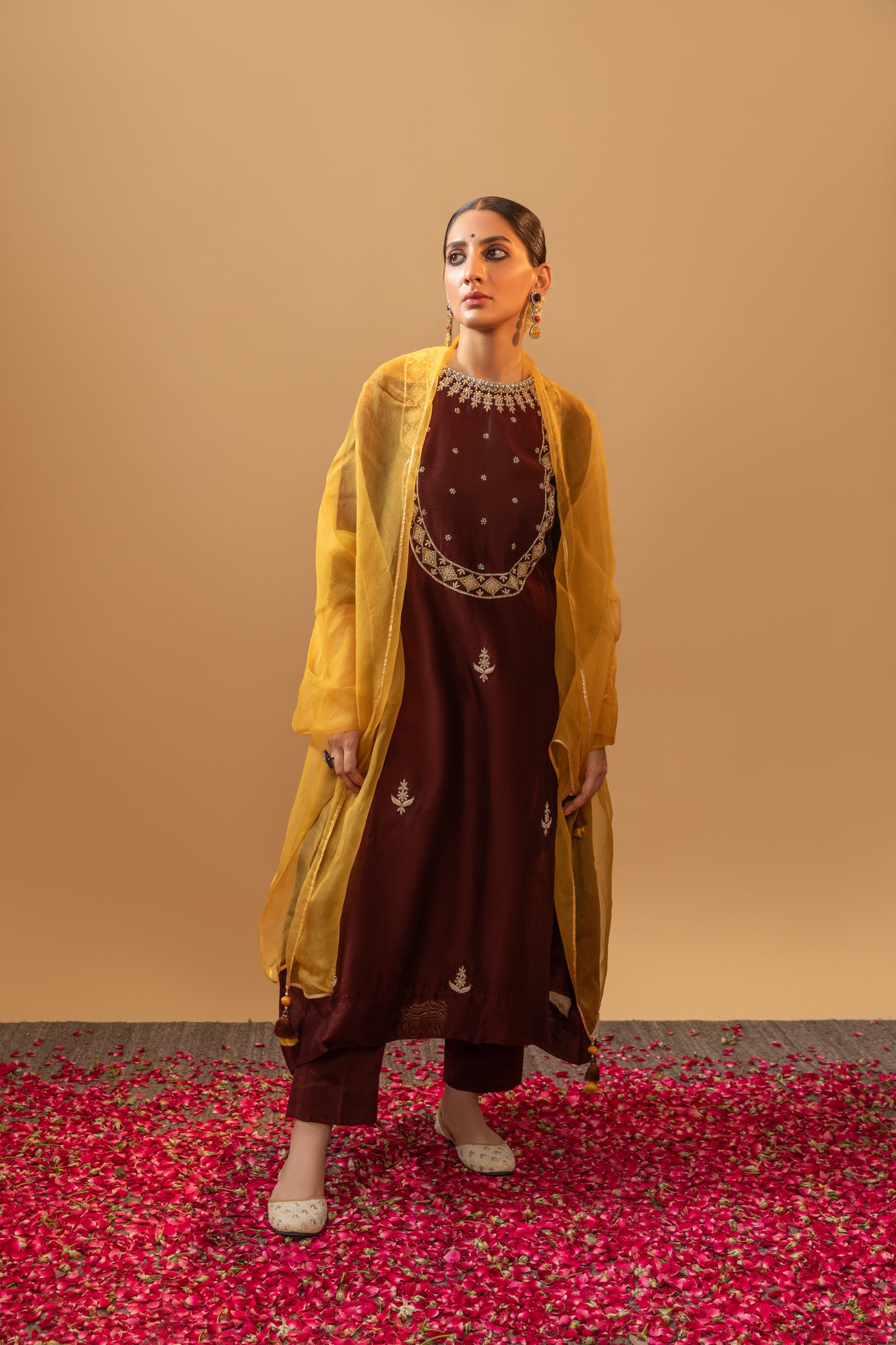 Brown Hand-embroidered Chanderi Suit Set by Tej Living