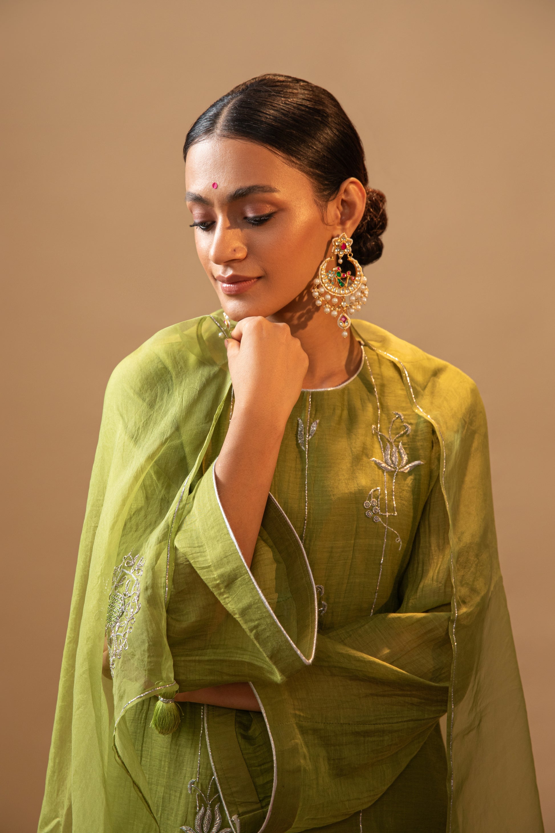 Chestnut Green Hand-Embroidered lotus like detailing Suit Set with dupatta