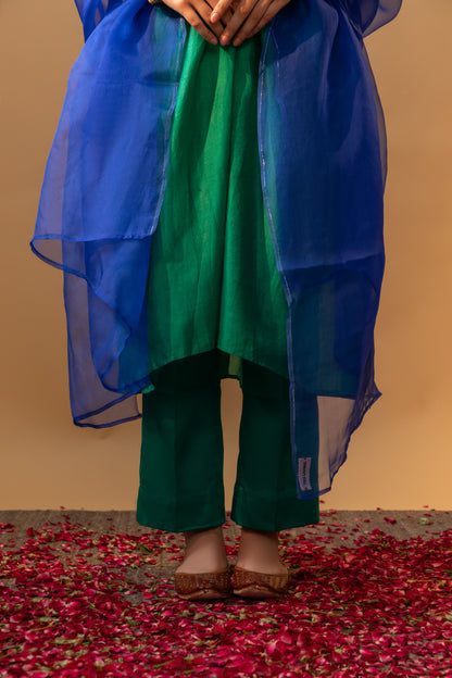 Peacock Style Hand-Embroidered  Green Suit Set with Royal Blue Dupatta