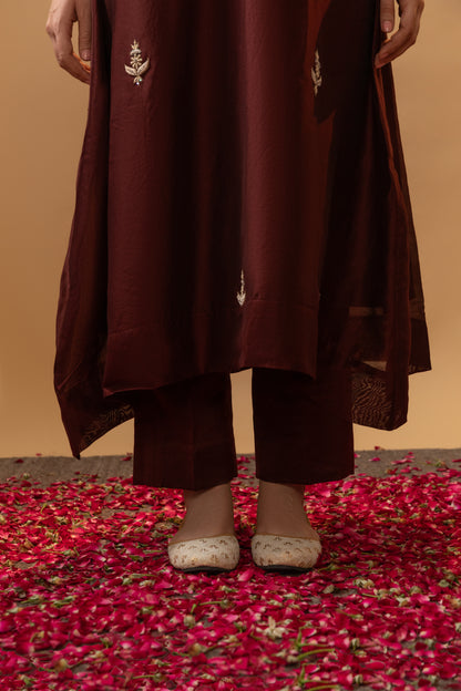 Brown Hand-embroidered Chanderi Suit Set by Tej Living