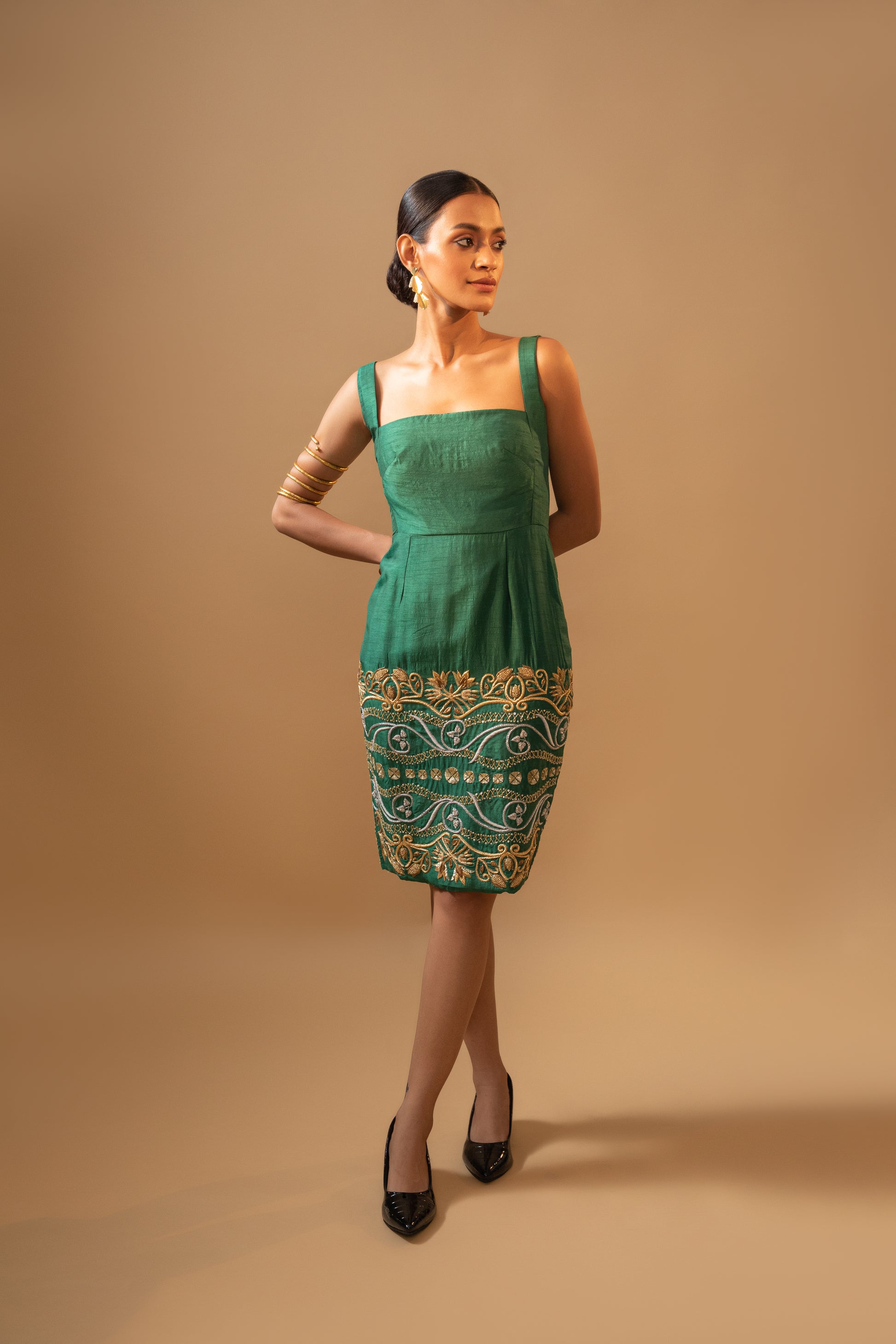 Emerald Green Hand-Embroidered Luxury Midi Dress with 26 inches hand-embroidery front and back, and a bow knot detailing at the back.