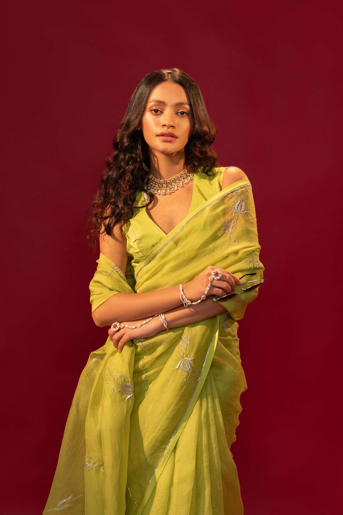 Green Embroidered Organza Saree with blouse, festive wear, suitable for weddings and specially mehendi and reception and even cocktail functions.