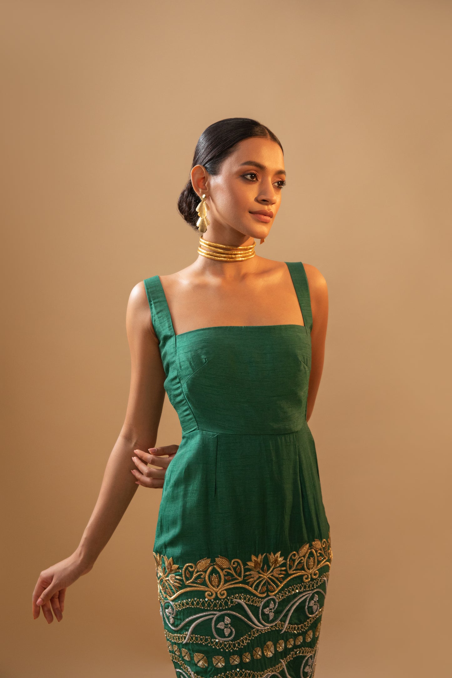 Green Hand-Embroidered Luxury Midi Dress with 26 inches hand-embroidery front and back, and a bow knot detailing at the back