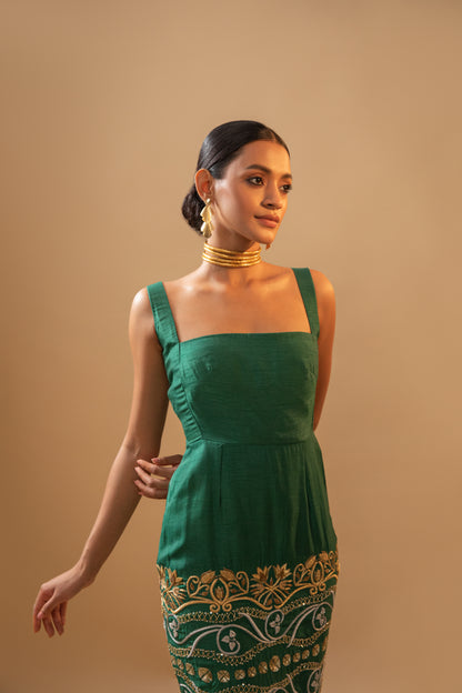 Green Hand-Embroidered Luxury Midi Dress with 26 inches hand-embroidery front and back, and a bow knot detailing at the back