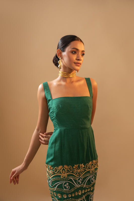 Green Hand-Embroidered Luxury Midi Dress with 26 inches hand-embroidery front and back, and a bow knot detailing at the back