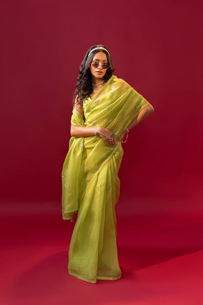 Green Embroidered Organza Saree with blouse, festive wear, suitable for weddings and specially mehendi and reception and even cocktail functions.