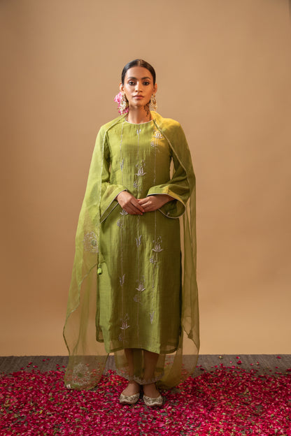 Tej Living Chestnut Green Hand-Embroidered lotus like detailing Suit Set with dupatta