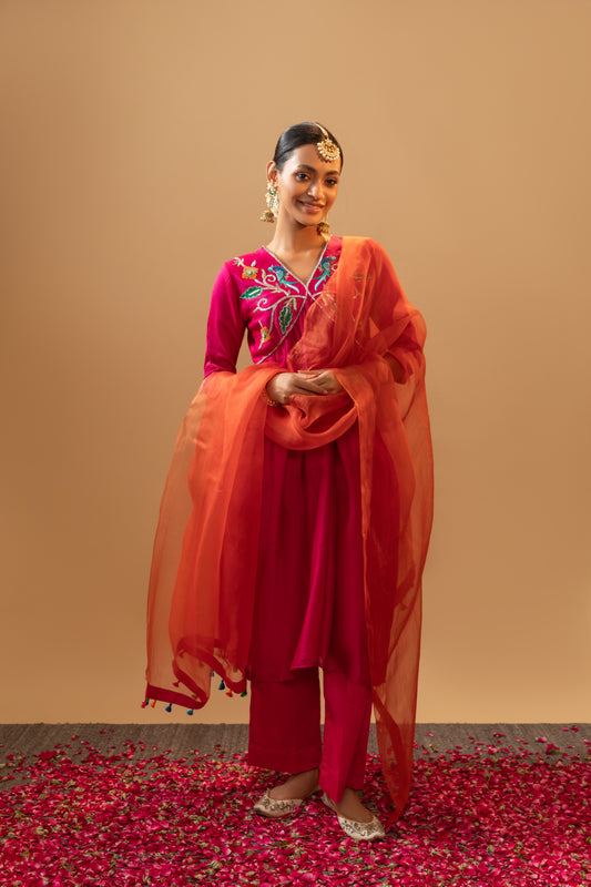 Peacock Style Hand-Embroidered  Rani Pink Suit Set with Orange Dupatta for weddings