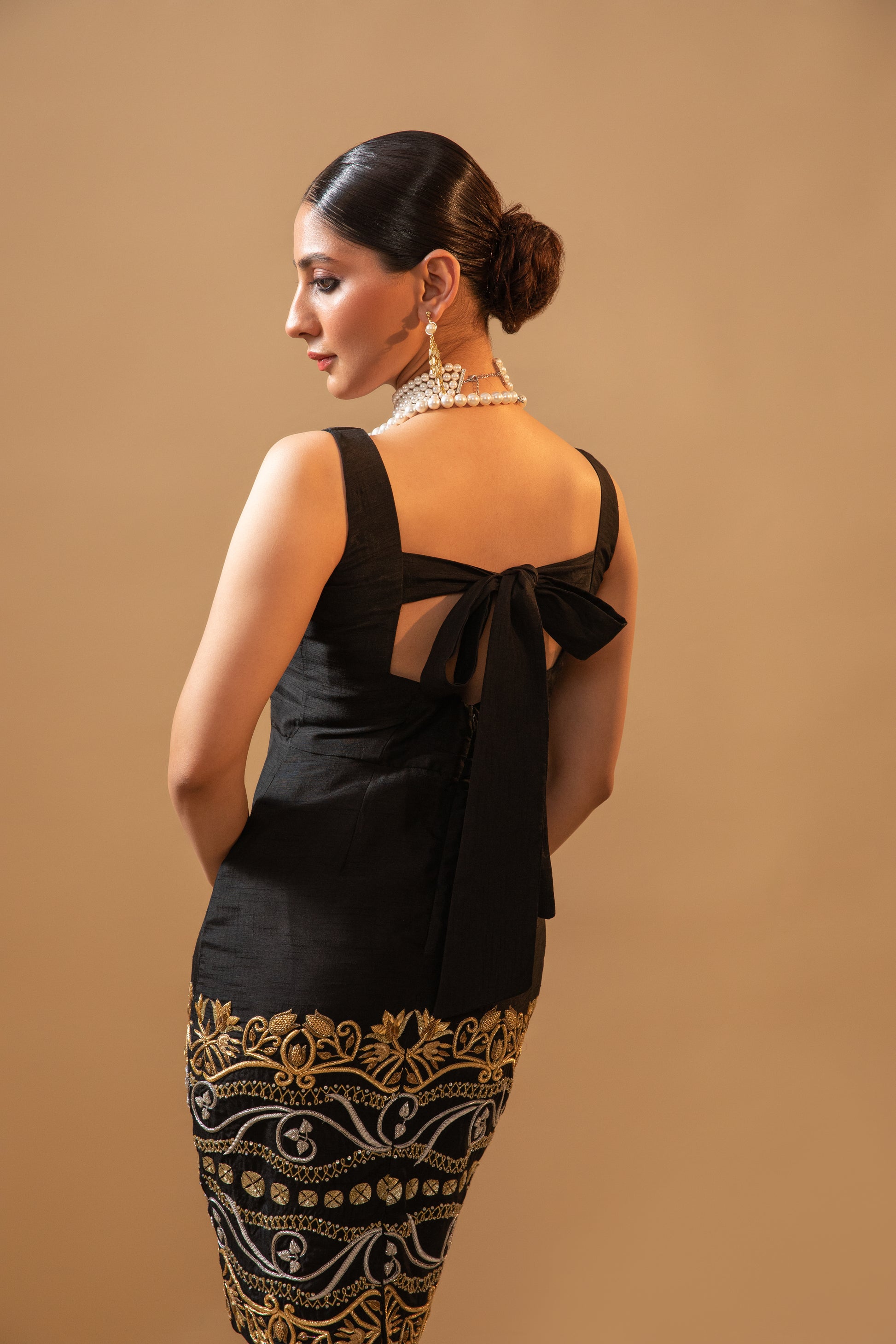 Black Hand-Embroidered Luxury Dress with 26 inches hand-embroidery front and back, and a bow knot detailing at the back