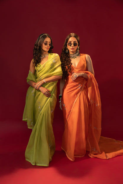 Green and Tangerine Orange Embroidered Organza Saree with blouse, festive wear, suitable for weddings and specially mehendi and reception and even cocktail functions.