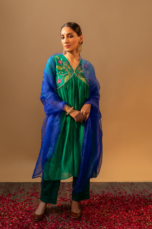 Peacock Style Hand-Embroidered  Green Suit Set with Royal Blue Dupatta