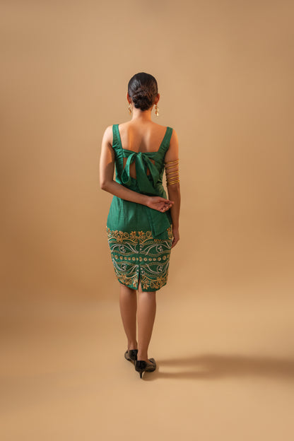 Green Hand-Embroidered Luxury Midi Dress with 26 inches hand-embroidery front and back, and a bow knot detailing at the back.