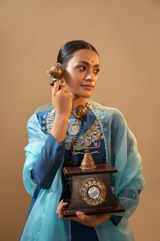 Tej Living Blue Hand Embroidered Kurta Sets with Neck detailing with dupatta