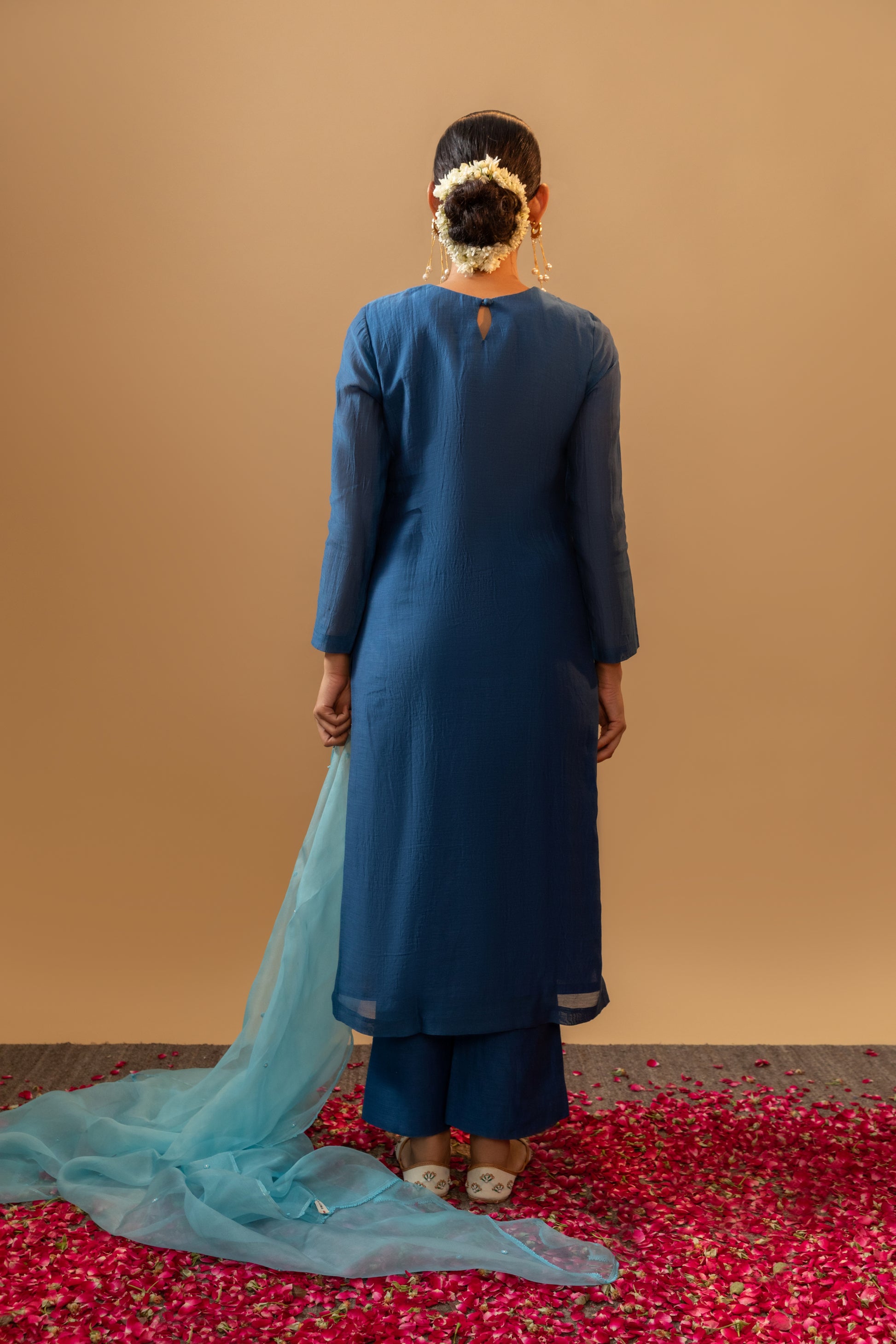 Tej Living Blue Hand Embroidered Kurta Sets with Neck detailing with dupatta