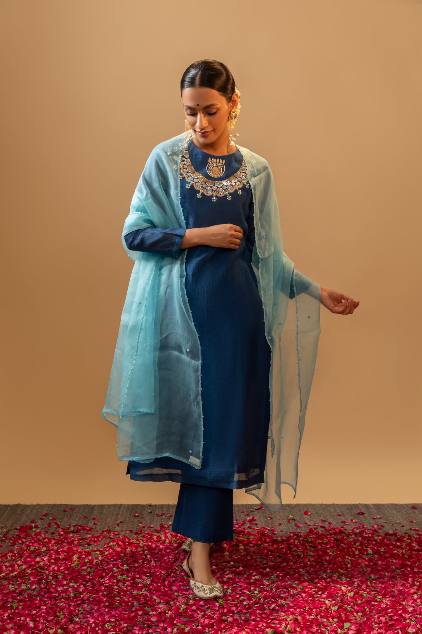 Tej Living Blue Hand Embroidered Kurta Sets with Neck detailing with dupatta