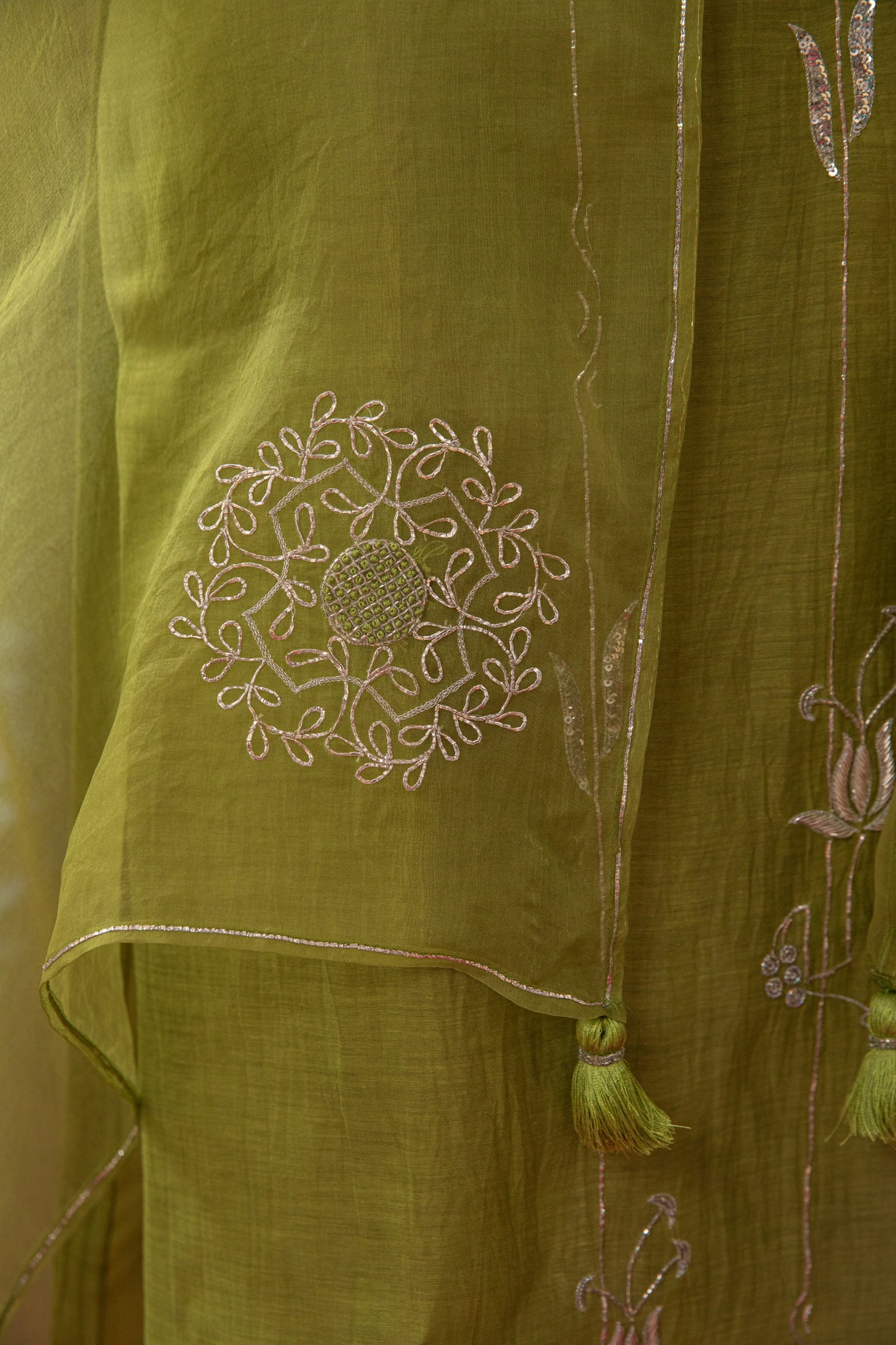 Tej Living Chestnut Green Hand-Embroidered lotus like detailing Suit Set with dupatta