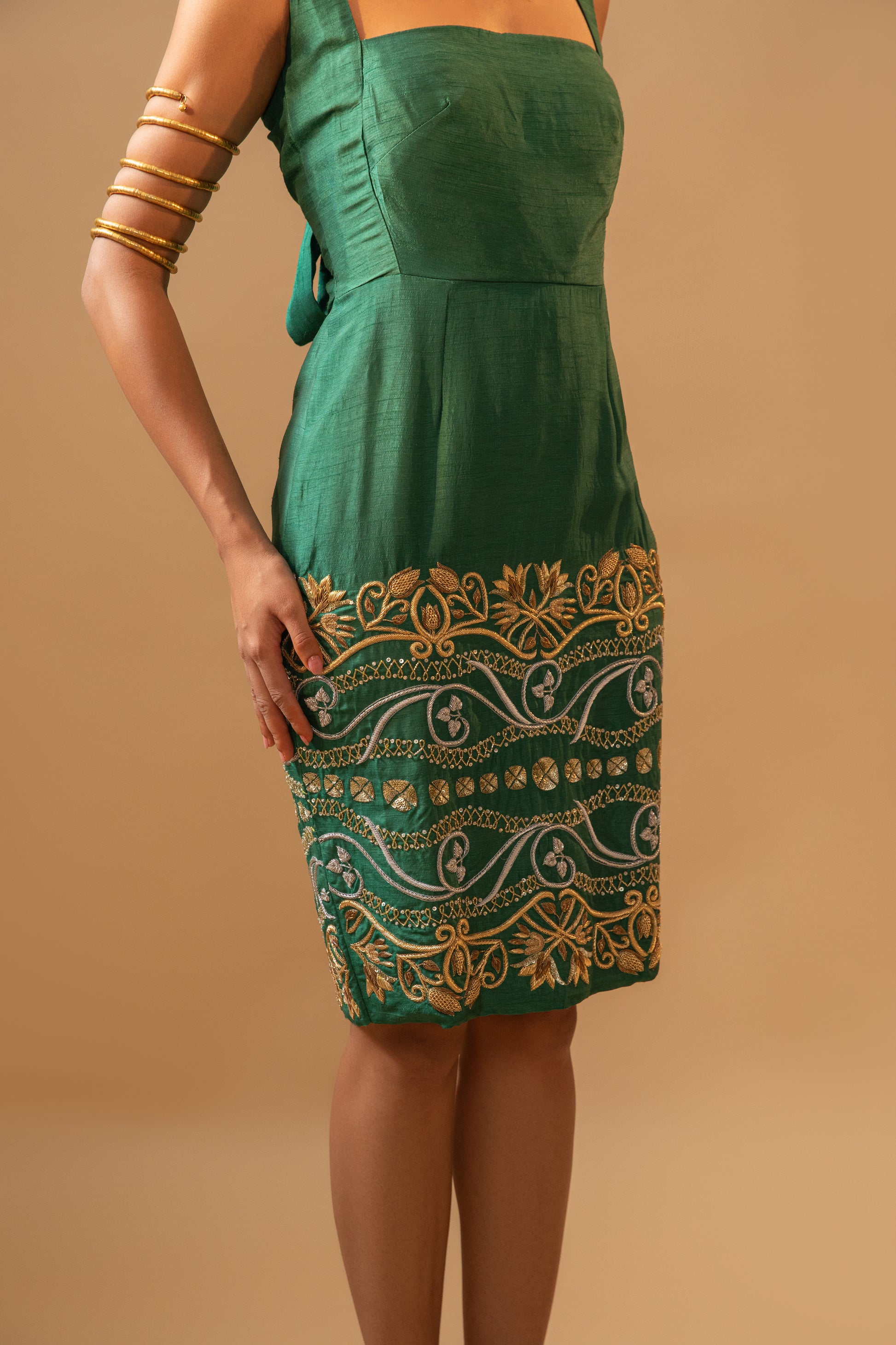 Emerald Green Hand-Embroidered Luxury Midi Dress 