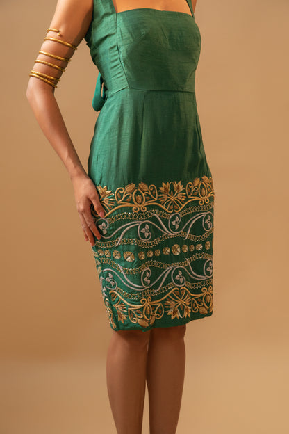 Emerald Green Hand-Embroidered Luxury Midi Dress 