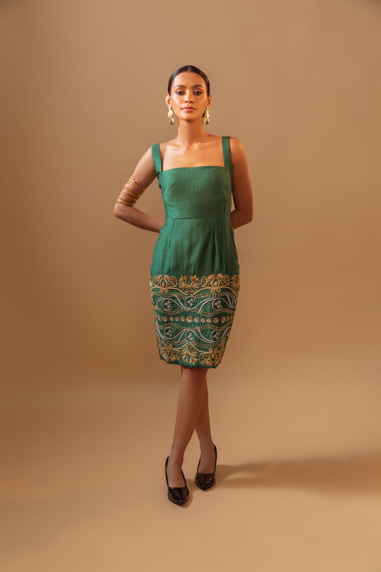 Green Hand-Embroidered Luxury Midi Dress with 26 inches hand-embroidery front and back, and a bow knot detailing at the back.