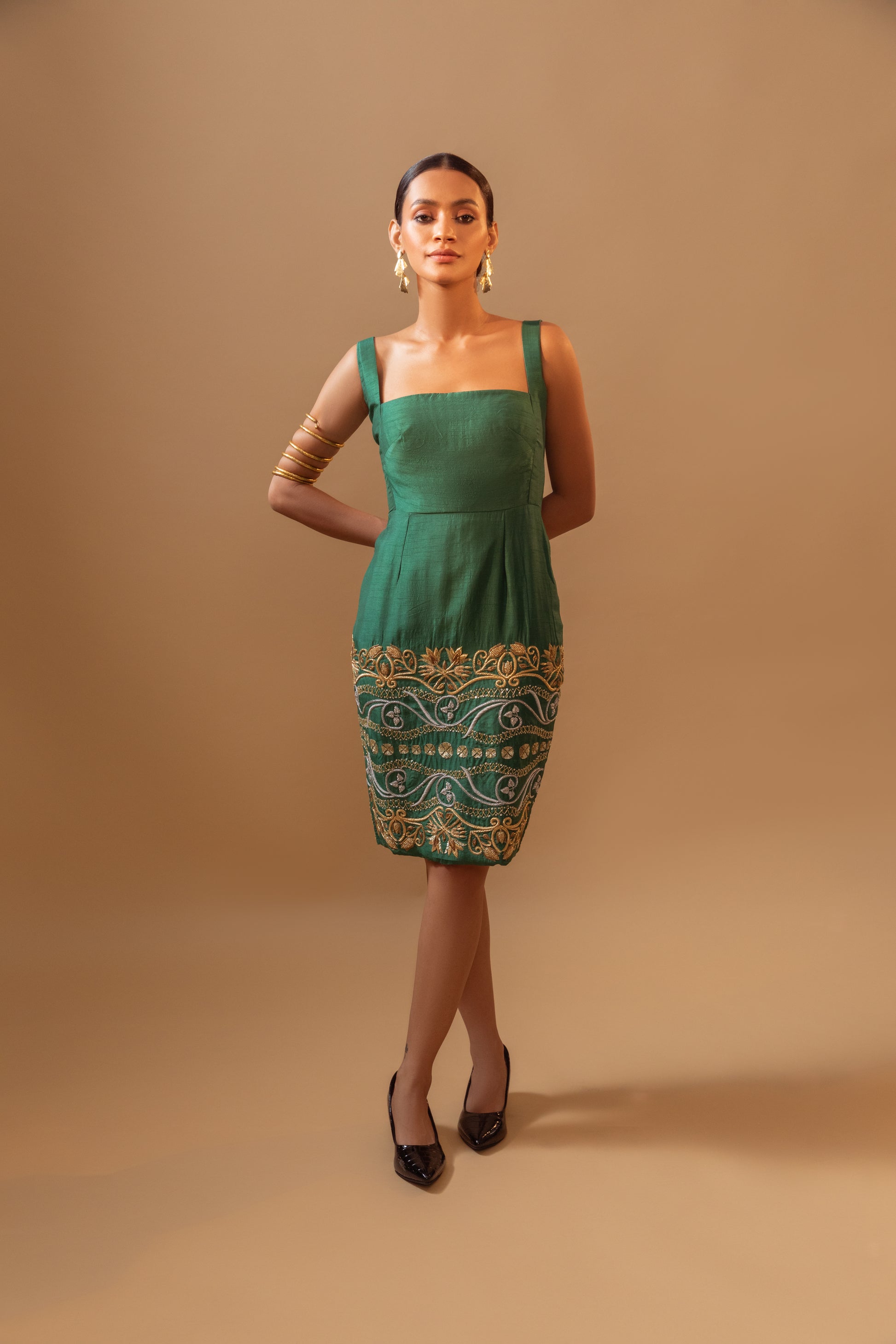 Green Hand-Embroidered Luxury Midi Dress with 26 inches hand-embroidery front and back, and a bow knot detailing at the back.