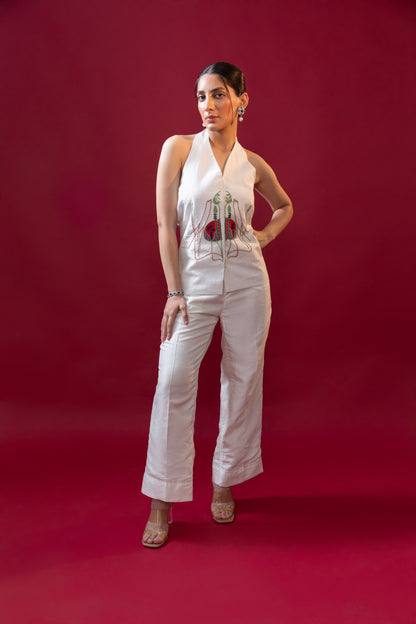White Backless Hand Embroidered Coord Set with colored detailing by Tej Living