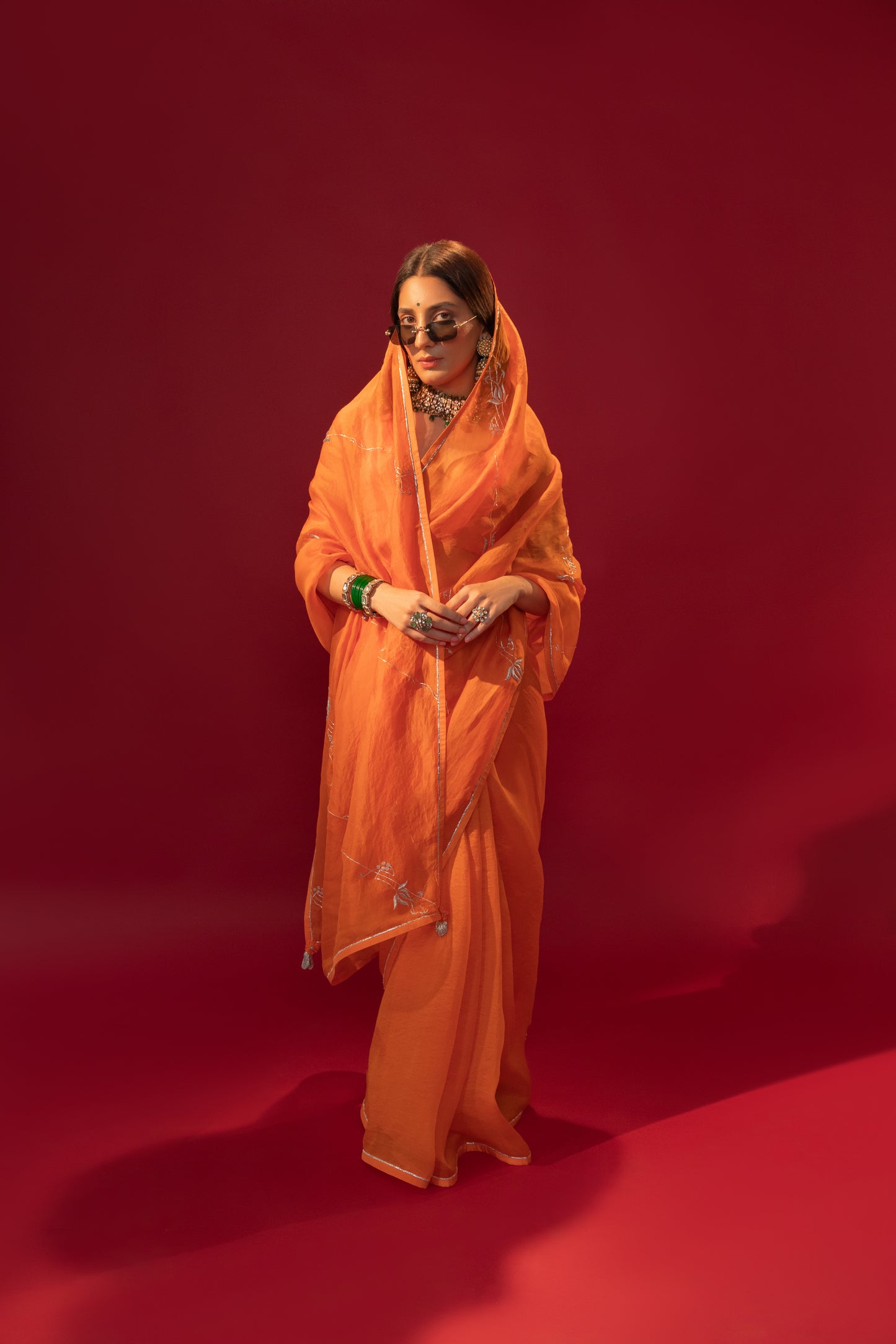 Tangerine Orange Hand-Embroidered Organza Saree