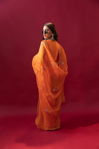 Tangerine Orange Hand-Embroidered Organza Saree