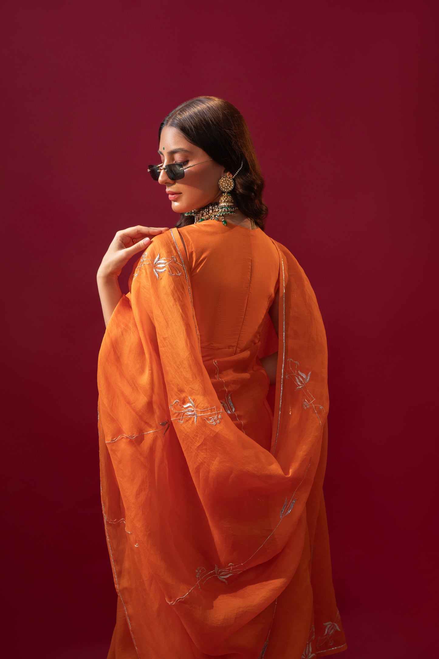 Tangerine Orange Hand-Embroidered Organza Saree