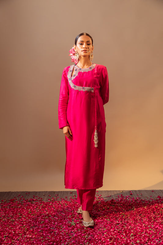 Raw Silk Hand-Embroidered Fuchsia Pink Angrakha Suit Set